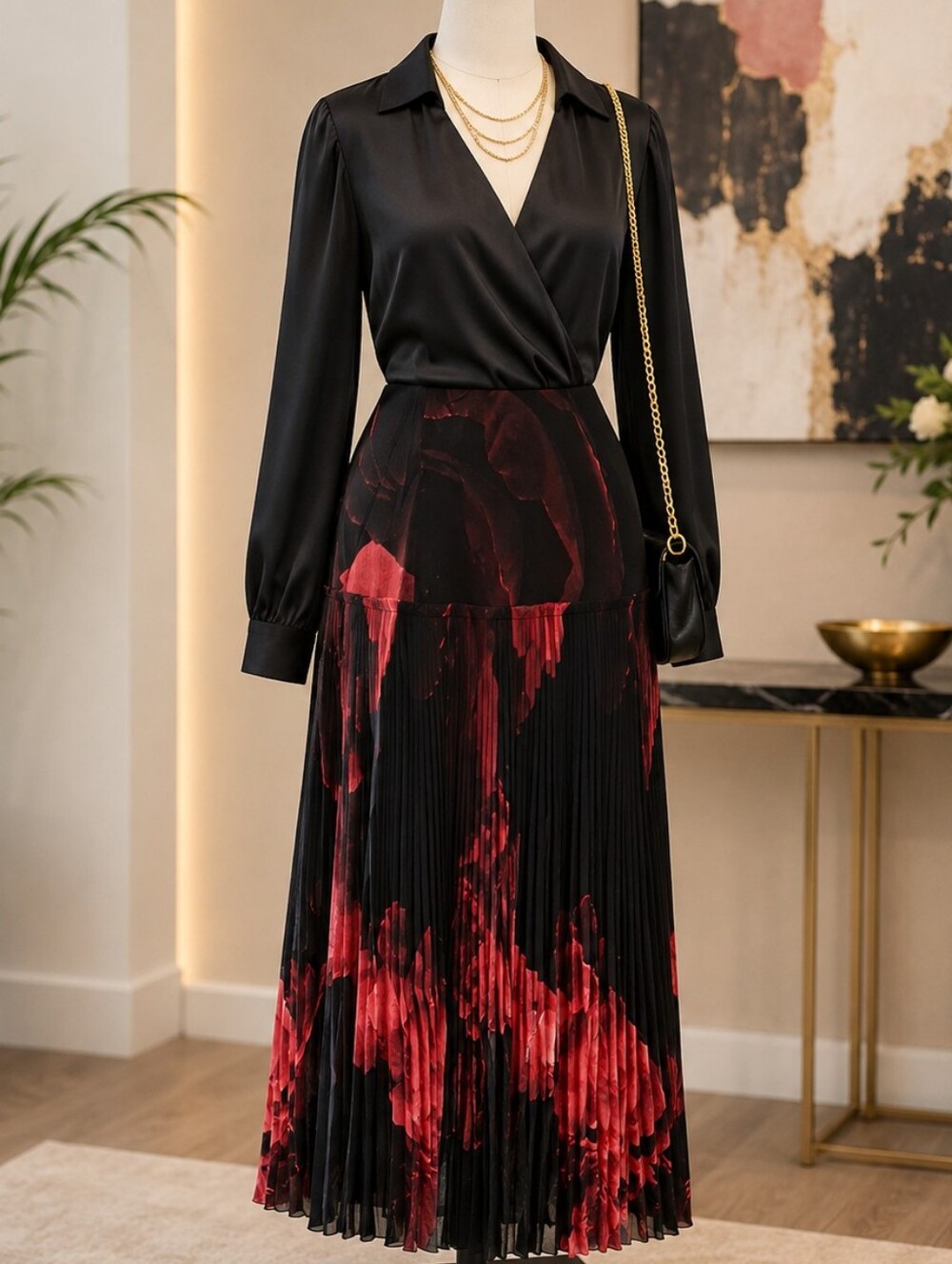 TED BAKER LONDON Pleated  Floral-Print Skirt in Red and Black